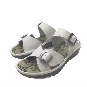 Fly London Etan White Leather Slides Wedge Heel Sandals
